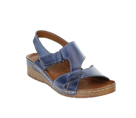 Granatowe skórzane sandały damskie komfortowe szyte na rzepy Polskie Gino Fabiani