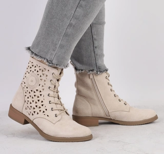 Beżowe botki damskie wiosenne ażurowe na płaskim obcasie Jezzi