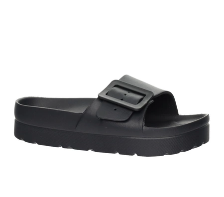 Czarne damskie klapki na platformie na jednym regulowanym pasku NEWS