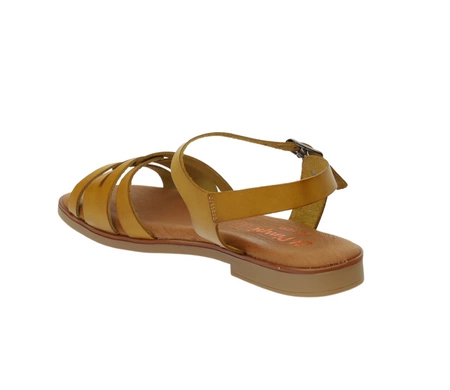 Hiszpańskie płaskie skórzane sandały musztardowe na cienkich paskach El Pimpi