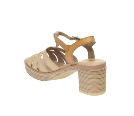 Beżowo-brązowe sandały damskie na obcasie i platformie z paskiem w literę T Vinceza