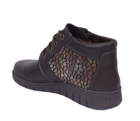 Brązowe czekoladowe botki zimowe damskie skórzane na szerokie stopy HELIOS