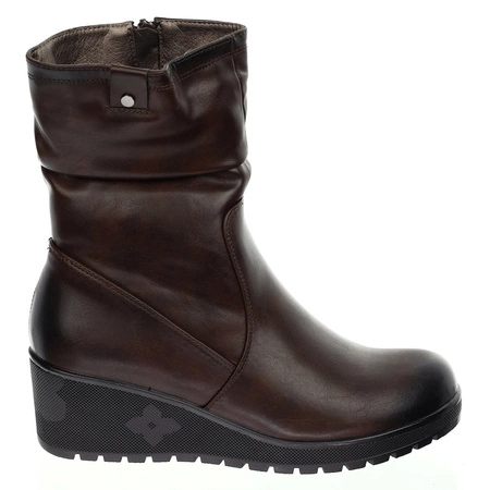 Brązowe czekoladowe botki zimowe komfortowe na koturnie Jezzi