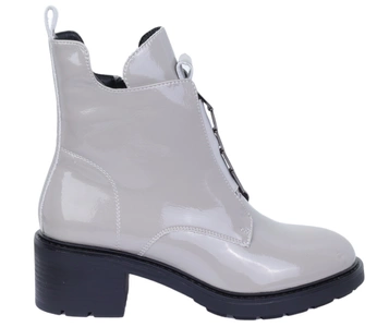 Szare lakierowane botki damskie skórzane ocieplane elegancki i wygodne