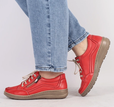Czerwone półbuty damskie skórzane szyte na zamek i sznurowadła Helios 411