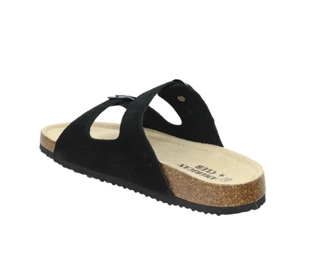 Czarne zamszowe klapki damskie na dwóch regulowanych paskach korkowa podeszwa American Club