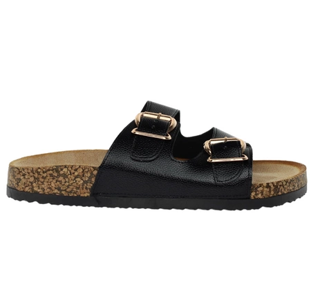 Czarne regulowane klapki damskie na korkowej podeszwie Jezzi