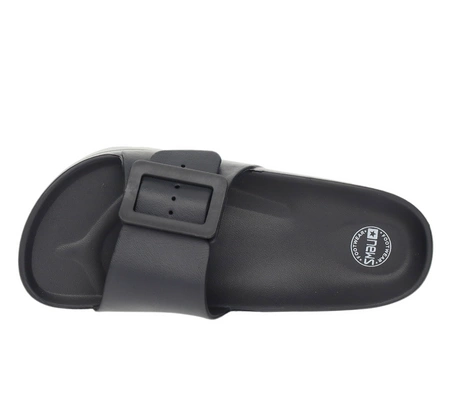 Czarne damskie klapki na platformie na jednym regulowanym pasku NEWS