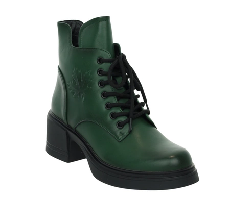 Ciemnozielone botki skórzane na średnim obcasie SEVILA