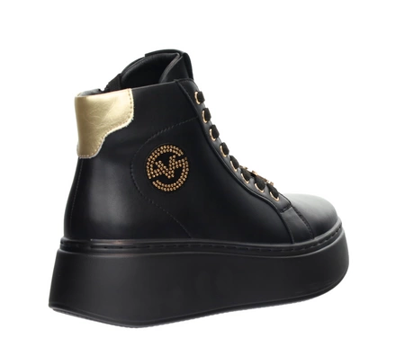 Czarne skórzane adidasy damskie delikatne ocieplane ze złotymi dodatkami VINCEZA