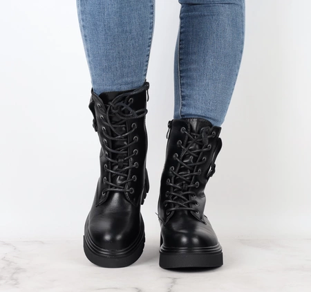 Czarne glany damskie sznurowane rokowe botki Jezzi