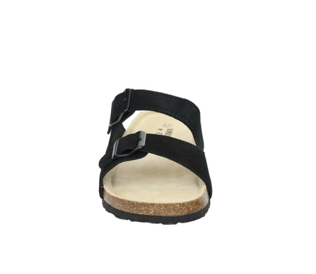 Czarne zamszowe klapki damskie na dwóch regulowanych paskach korkowa podeszwa American Club