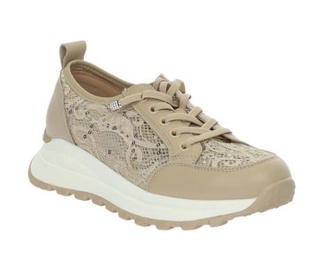 Beżowe adidasy damskie skórzane z koronką i cekinami VINCEZA