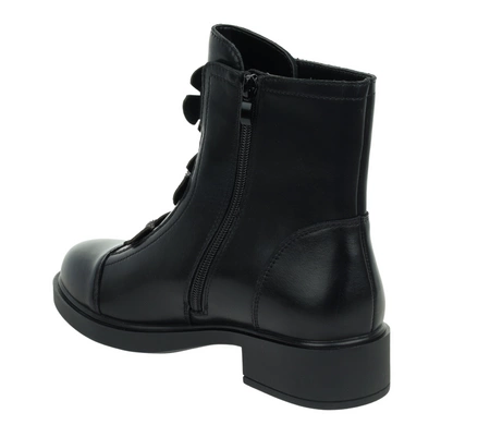 Czarne skórzane botki damskie ocieplane na zamek z ozdobnymi kwiatkami z przodu Jezzi