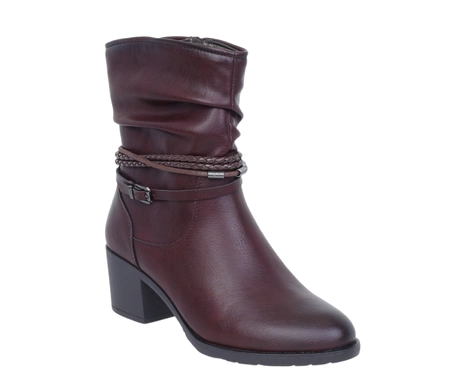 Bordowe buty zimowe damskie na obcasie ciepłe na zamek Jezzi