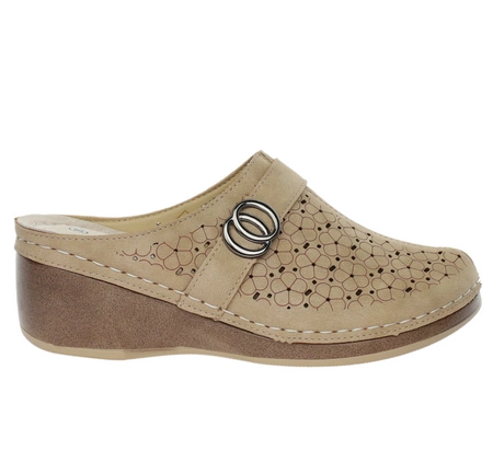 Skórzane szyte chodaki klapki komfortowe na niskiej koturnie Unisoft