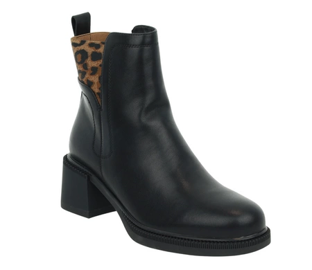 Czarne botki skórzane z elementem panterki na wygodnym niskim obcasie VINCEZA