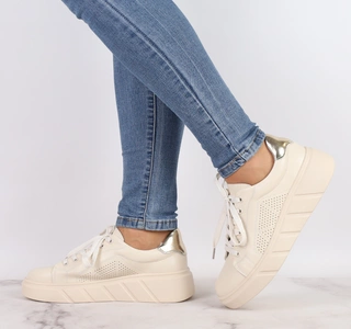 Skórzane beżowe półbuty damskie sznurowane z komfortową wkładką Jezzi