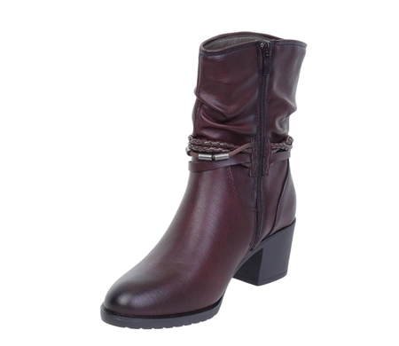 Bordowe buty zimowe damskie na obcasie ciepłe na zamek Jezzi
