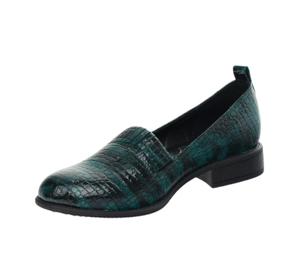 Czółenka damskie płaskie półbuty ciemnozielone lakierowane Jezzi