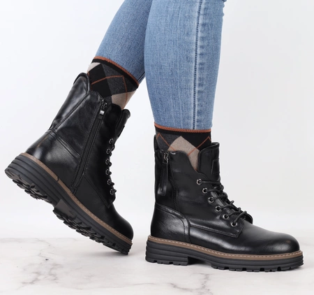 Czarne botki traperki sznurowane i na zamek ocieplane Jezzi