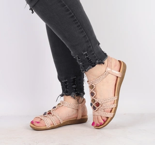 Sandały boho damskie płaskie na plażę na rzemykach brudny róż Jezzi