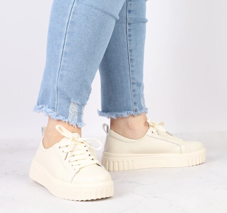 Beżowe skórzane adidasy damskie na platformie półbuty PREMIUM