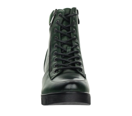 Ciemnozielone trzewiki damskie ocieplane na koturnie Jezzi