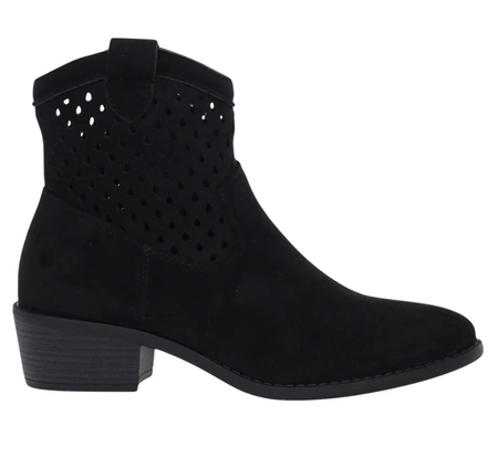 Czarne zamszowe botki kowbojki niskie ażurowe jesienne Jezzi