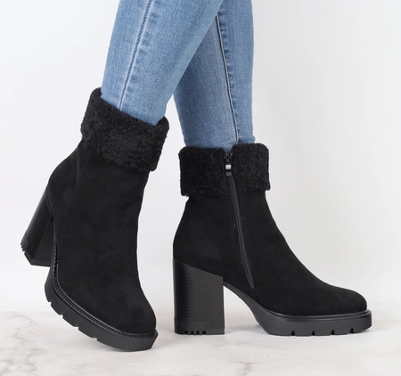 Czarne botki zimowe z eko wełną na obcasie i platformie Jezzi