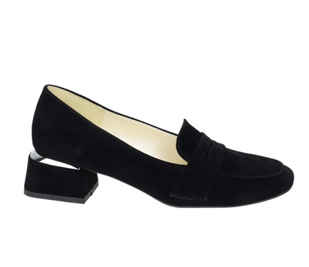 Eleganckie buty damskie na niskim obcasie mokasyny czarne zamszowe AZALI