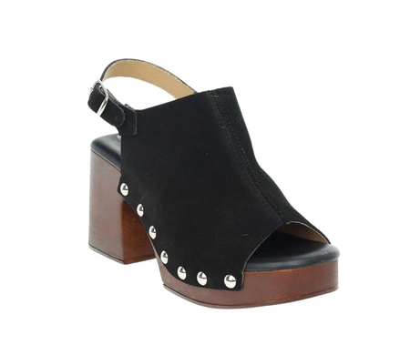 Skórzane sandały czarne na drewnianym klocku i platformie z ćwiekami Hiszpańskie El Pimpi