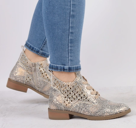 Wiosenne botki damskie płaskie złote wężowa skóra Jezzi