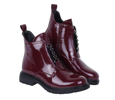 Bordowe lakierowane botki damskie zimowe na płaskiej podeszwie Jezzi