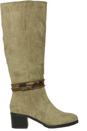 Beżowe kozaki damskie zamszowe na niskim obcasie Jezzi