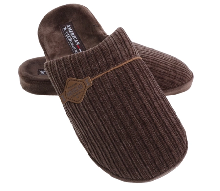 Brązowe klapki męskie papcie po domu zimowe zakryte American