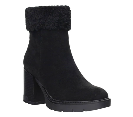 Czarne botki zimowe z eko wełną na obcasie i platformie Jezzi