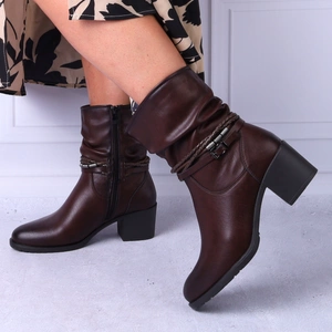 Bordowe buty zimowe damskie na obcasie ciepłe na zamek Jezzi