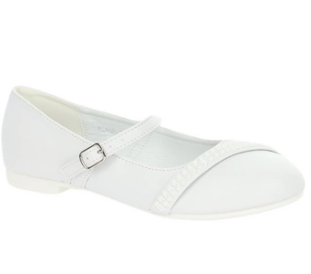 Białe czółenka komunijne płaskie zapinane na pasek American Club