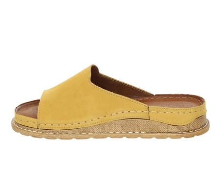 Musztardowe klapki damskie skórzane szyte w Polsce Gino Fabiani