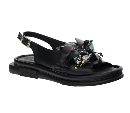 Czarne eleganckie sandały damskie skórzane z kwiatkiem MODO