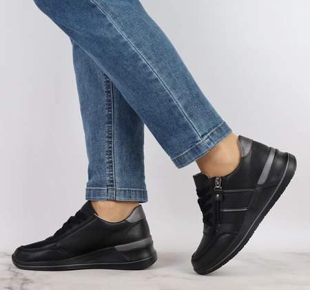 Czarne skórzane adidasy damskie na zamek i sznurowadła Jezzi