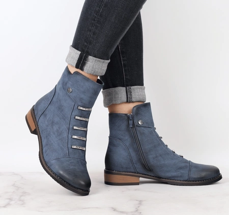 Niebieskie botki damskie płaskie komfortowe Jezzi