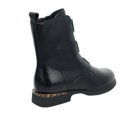 Czarne botki damskie płaskie ze skóry naturalnej z elementami panterki VINCEZA