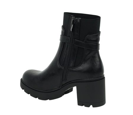 Czarne rokowe botki zimowe na obcasie i platformie ze skóry licowej ekologicznej Jezzi