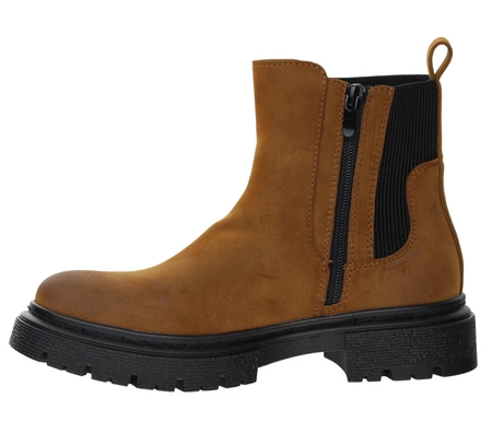 Karmelowe/rude botki płaskie ocieplane na zamek Jezzi