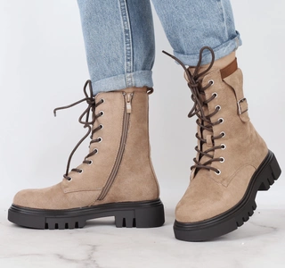 Beżowe traperki damskie ocieplane na grubej platformie Jezzi