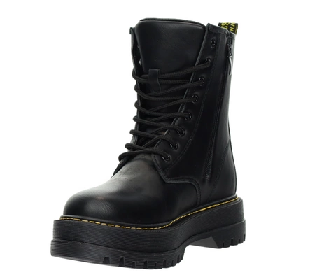 Czarne glany damskie botki traperki na platformie NEWS