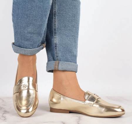Złote mokasyny damskie płaskie półbuty komfortowe Jezzi