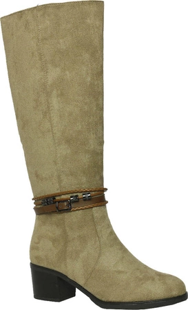 Beżowe kozaki damskie zamszowe na niskim obcasie Jezzi